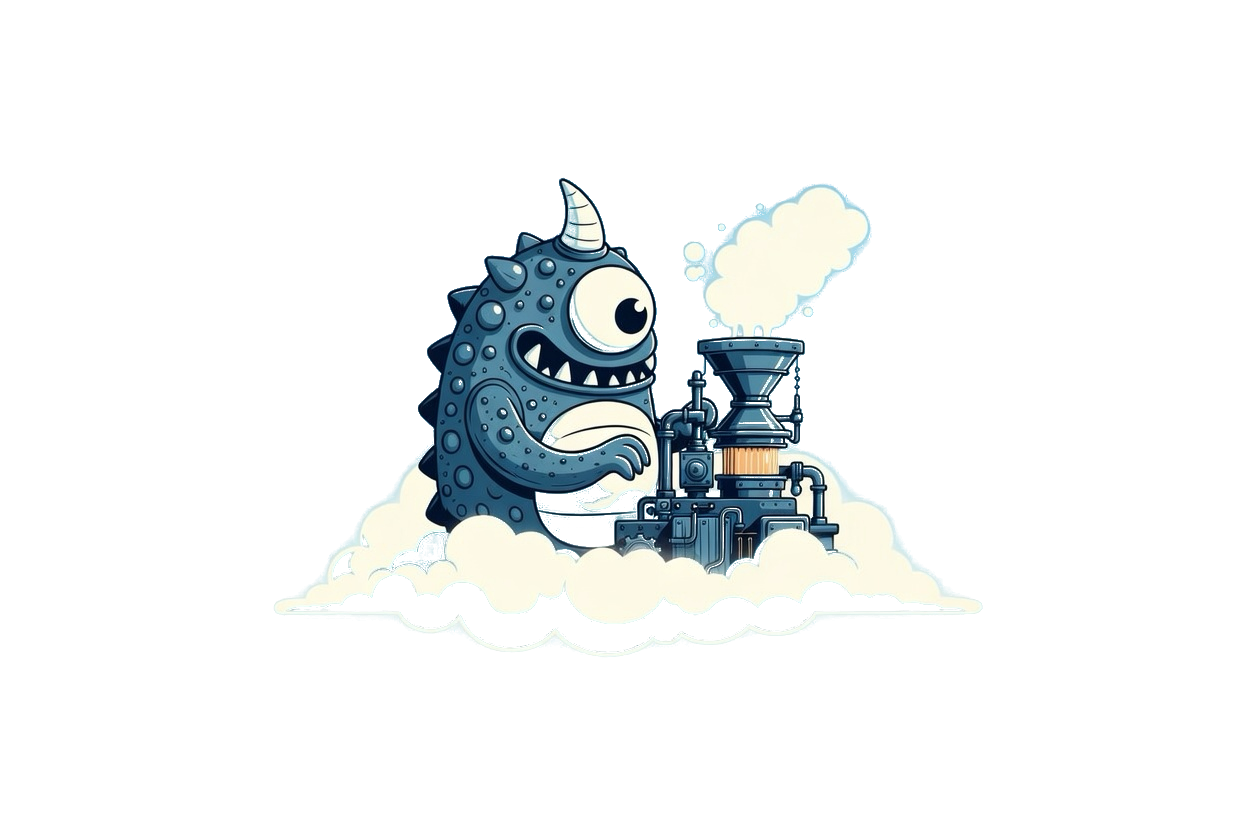 Build Daddy mascot — a friendly monster operating an idea machine on a cloud